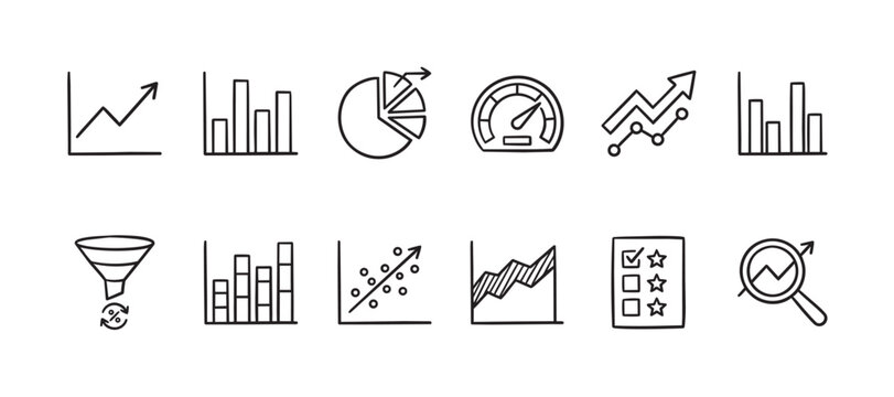 A collection of hand-drawn icons representing various business analytics and financial concepts including charts, graphs, and a speedometer, all in a simple doodle style.