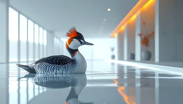 Great crested grebe bird swimming in modern indoor swimming pool, reflected in water, pixel art style, orange and white accents