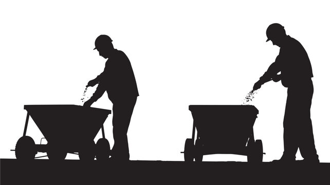 Silhouette of two men working with wheelbarrows on white background for labor concepts