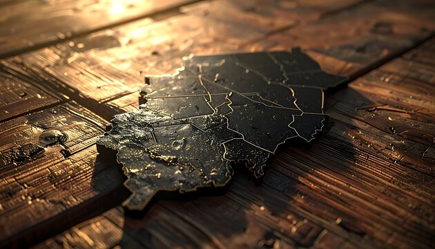 illuminated country map outline with glowing cities on a rustic wooden table surface at sunset, representing global connection and development