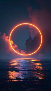 Glowing orange neon circle portal hovering over a pixelated cityscape reflected in wet ground, dramatic clouds, science fiction atmosphere