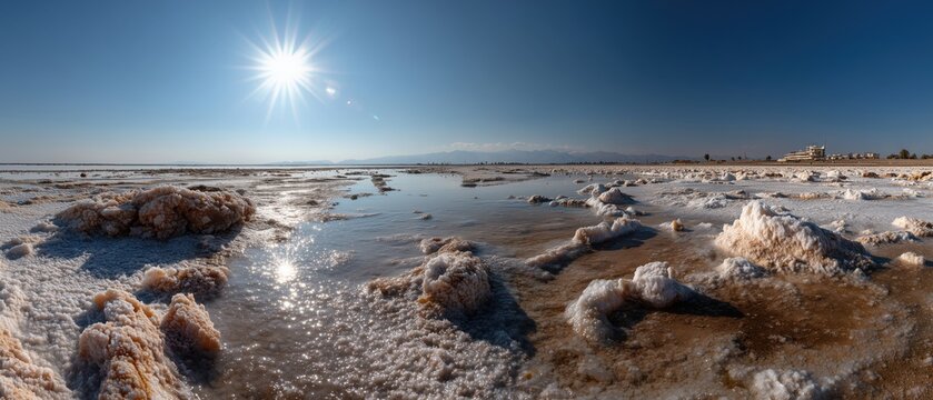 Paisajes panor&aacute;micos de humedal mediterr&aacute;neo con lagunas, salinas, aves, fauna y costa al amanecer, est&eacute;tica documental naturalista generada por IA.