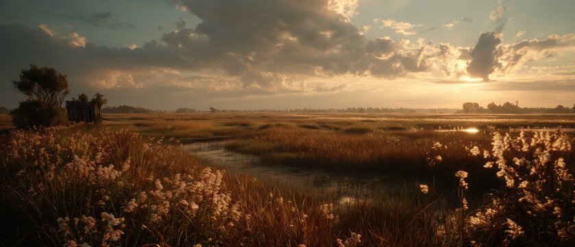 Paisajes panor&aacute;micos de humedal mediterr&aacute;neo con lagunas, salinas, aves, fauna y costa al amanecer, est&eacute;tica documental naturalista generada por IA.