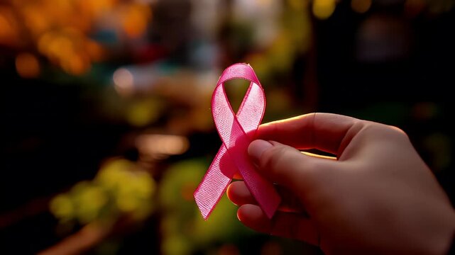 Breast cancer awareness day. A closeup shot of a hand holding a vibrant pink ribbon against a blurred background of autumn foliage. The ribbon is the focal point of the image.