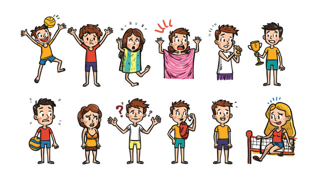 Emotions of People in Cartoon: a vibrant cartoon set capturing a spectrum of human emotion, from elation to bewilderment, illustrated in a fun and colorful way, creating visual storytelling.