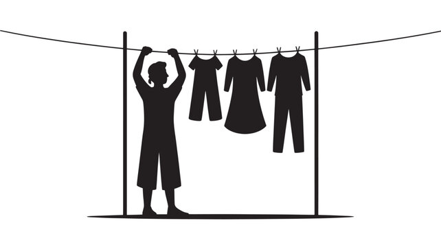 Woman Hanging Laundry On Clothesline For Household Chores Concepts