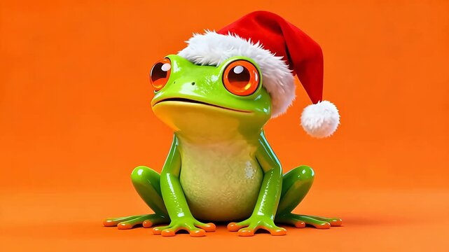 Green frog wearing Santa hat