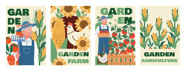Obraz premium Set of four vertical banners for a garden farm event. Illustrations: farmer with rake, hen amid sunflowers corn, gardener harvesting tomatoes, corn stalks with typography.
