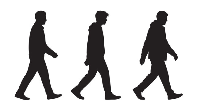 Silhouette of Young Man Walking in Three Different Poses on White Background For Animation and Motion Graphics