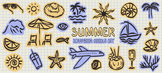 Naklejka premium Summer beach sea memories doodle sticker set. Crayon sketch naive coastal drawings. Vector summertime sea travel scrapbook hand drawn collage illustrations for journal, dairy, notebooks, social media.