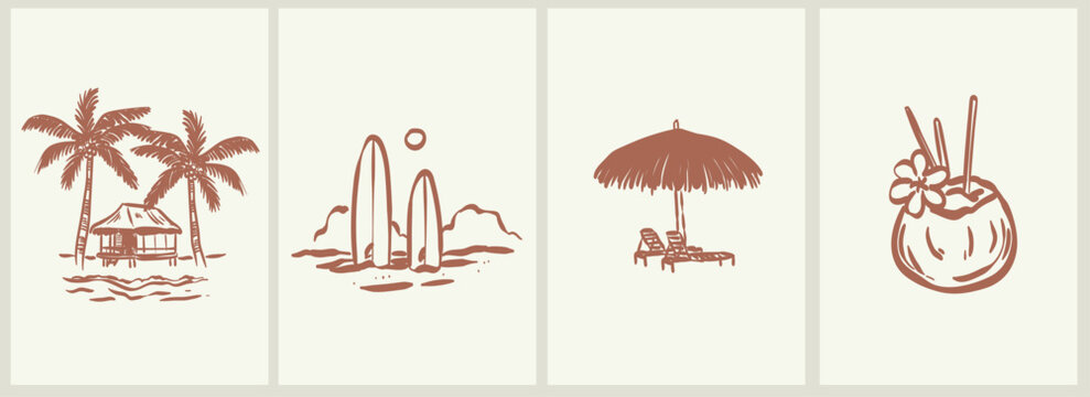 Doodle beach and surf vector illustration set. Tropical naive isle or coastal elements like palm trees, waves, coconut cocktail, surfboard perfect for summer t-shirts, posters, and placard prints.