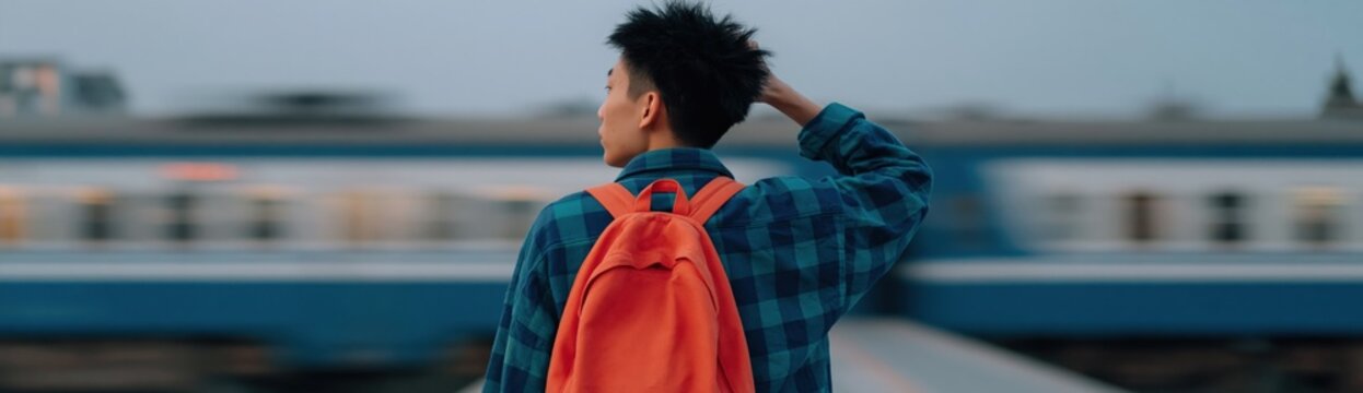 Male student watching blue train move at station platform