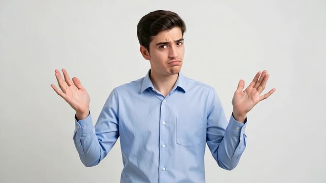 A young man with a surprised look on his face wearing a blue shirt.