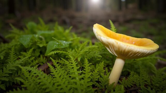 Bright orange mushroom growing on the ground in a lush green forest