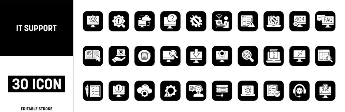 IT Support Icon Set, Technical Assistance and Computer Repair Symbols, Help Desk and Network Services, Editable Stroke, Vector Illustration