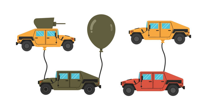 Humvee Cars Flying with Balloons, Military Vehicles, Surreal Concept