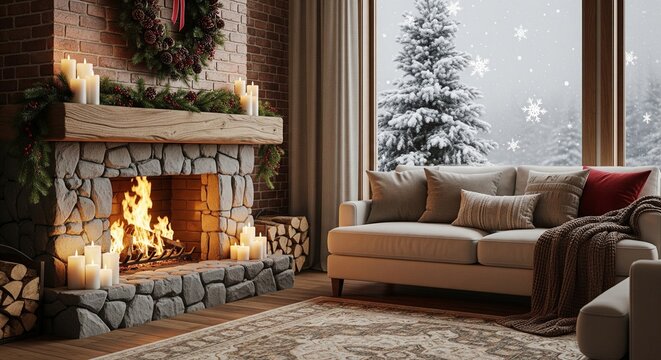 Cozy winter fireplace with burning logs candles and snow-covered Christmas tree view
