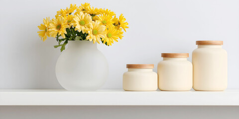 Elegant matte cream skincare bottles with bamboo lids stand beside a frosted glass vase of vibrant yellow mimosa flowers, creating a serene, spring-inspired shelf display for natural beauty