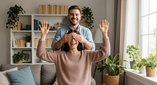 Joyful couple playing a surprise guessing game at home woman with hands over eyes