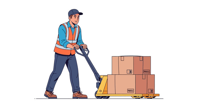 Warehouse worker moving boxes with pallet jack, logistics and delivery concept