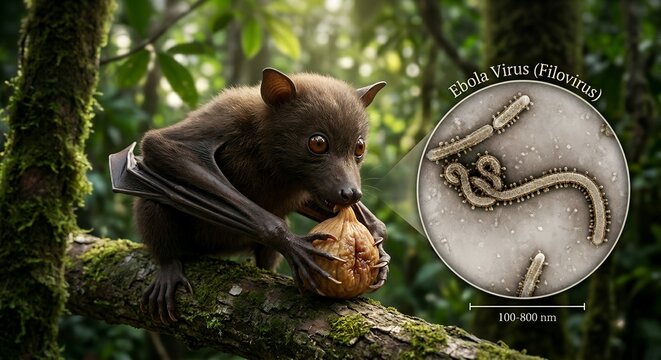 Bat consuming fruit alongside a microscopic view of filovirus, isolated, ideal for virology research, pandemic prevention, and science communication content
