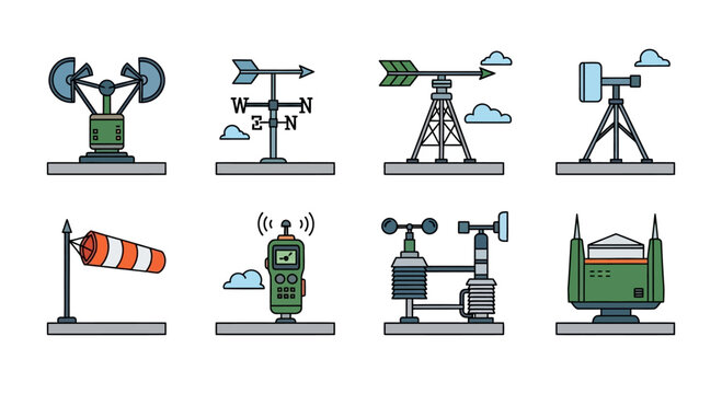 Weather Station Equipment Icons: Anemometer, Wind Vane, Barometer, Thermometer, Rain Gauge