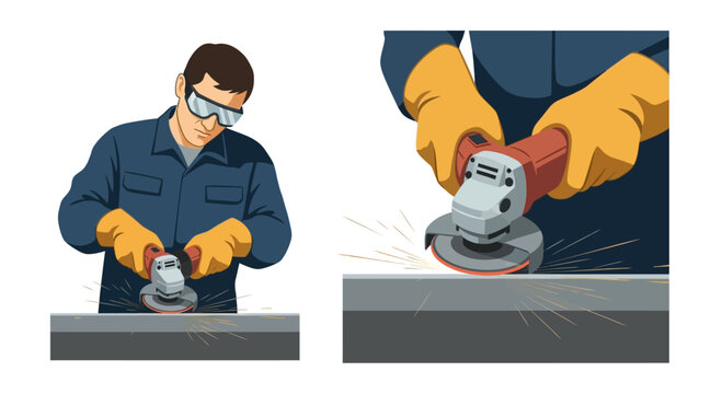 Worker Grinding Metal with Angle Grinder, Sparks Flying, Safety Gear