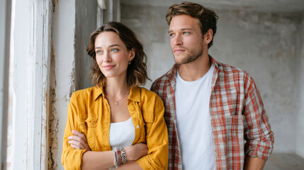 Obraz premium Happy young couple standing together by window in bright loft apartment
