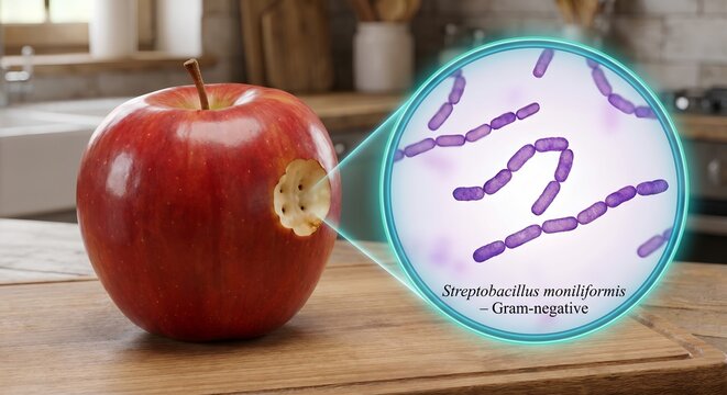 Bitten apple with visible streptobacillus moniliformis bacteria on its surface, representing foodborne illness, rat-bite fever, and microbial contamination