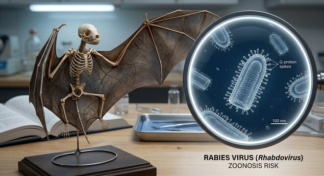 Scientific illustration of rabies virus (rhabdovirus) transmission risk featuring a bat skeleton, representing zoonotic disease and wildlife public health danger