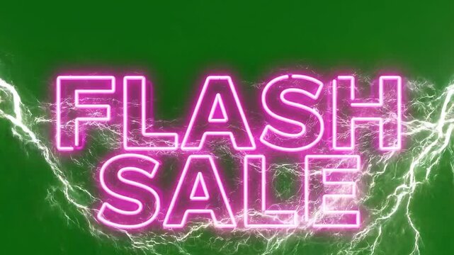 Flash sale sign, neon pink text, green background, lightning bolts, commercial discount announcement 4k ai