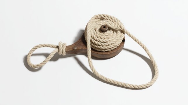 Coiled rope on wooden pulley conceptual illustration on white background