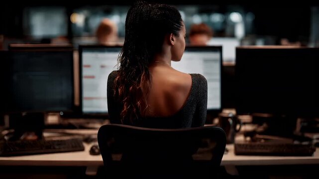 Female diversity. Human rights, equal opportunity concept. A side profile of a woman seated at a desk in a dimly lit office. She wears a black, textured dress and her long.