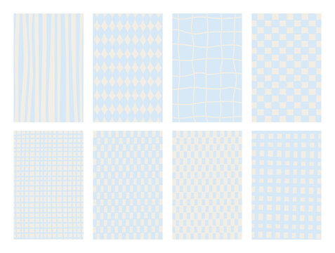 Set of pastel blue patterns with stripes, gingham, checkered and geometric textures. Minimal trendy vector backgrounds perfect for fabric, wallpaper, packaging, scrapbook and branding design.