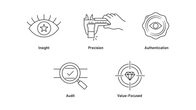 Quality assurance and corporate compliance vector icon set for strategic insight, precision engineering, certified authentication, verification audit, and value-focused business objective.