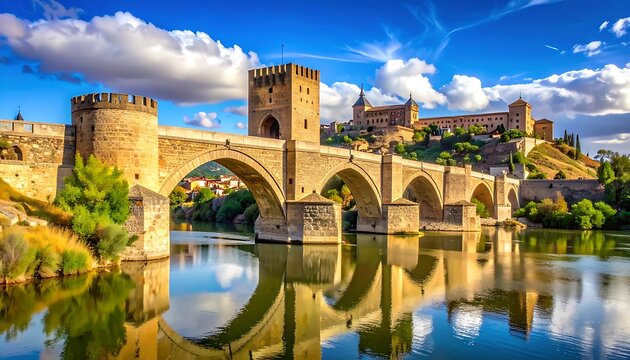 Historic stone bridge over a wide river with a castle on a hill under a dramatic cloudy sky, ancient architecture, scenic landscape, travel destination