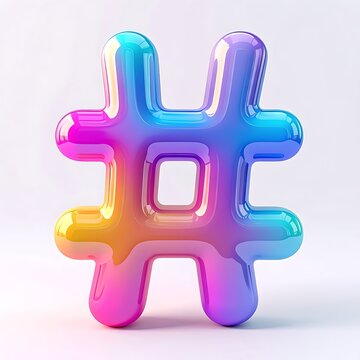 Iridescent, puffy hashtag symbol with a smooth, glossy finish, isolated on a light background, representing social media trends and online communication