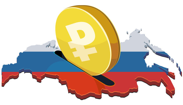 Illustration representing Russia's financial growth, domestic investment, and banking system showing a ruble coin entering a map-shaped piggy bank. (cut out)
