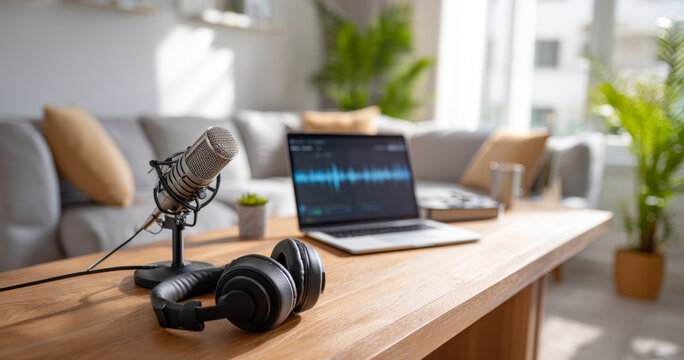 Home podcasting setup with microphone, headphones, and laptop displaying audio editing software on wooden table in cozy living room