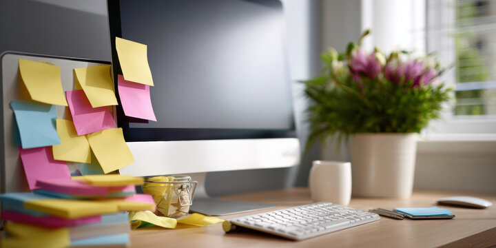 Close-up of a modern workspace with a computer monitor covered in colorful sticky notes, keyboard, and a potted plant by a window providing natural light