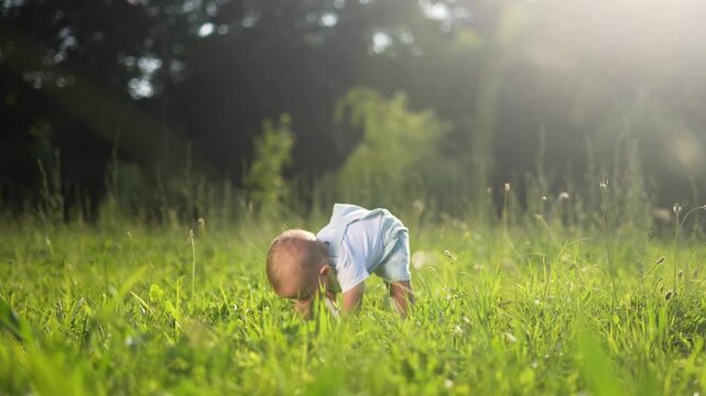 baby falls into the grass learns to walk in the park. happy family kid dream concept. baby takes the first steps unsuccessfully falls in nature in the summer in lifestyle the park