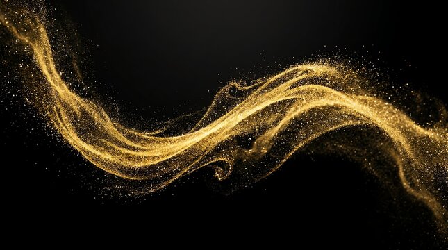 Elegant golden dust particles flowing in a smooth wave pattern across a deep dark black background creating luxury visual effects