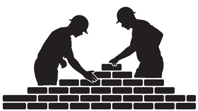 Two Construction Workers Building Brick Wall In Silhouette For Architecture Concepts