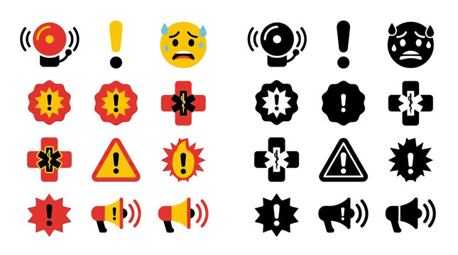 Collection of warning and alert icons in color and silhouette, including alarm bells, exclamation marks, worried faces, medical symbols, warning signs, and megaphones.