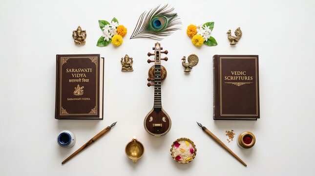 Traditional veena musical instrument placed between sacred vedic scripture books with flowers and artistic brass statues on white background surface