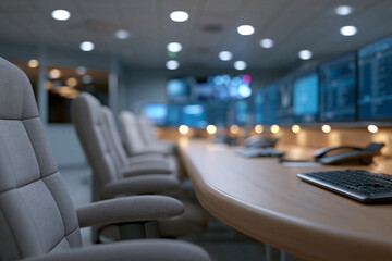 Fototapeta premium Modern conference room with sleek wooden tables. Row of gray ergonomic chairs faces digital screens. Warm lighting enhances professional atmosphere. No people present, creating neutral