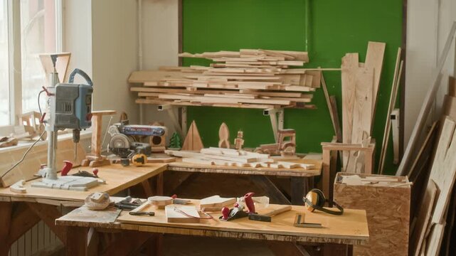 Interior of small woodworking workshop with wooden planks, tools and equipment on workbenches