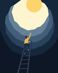 Man climbing ladder toward light in dark tunnel. Mental health illustration © designervector