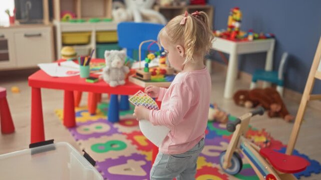 Little blonde girl holding sticker sheet and white paper at red table in playroom; curiosity imaginative play.
