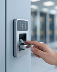 Naklejka premium Hand presses keypad on modern security door. Finger glides over metallic sensor slot. Clean, metallic surfaces reflect soft lighting. Background hints at office or secure facility